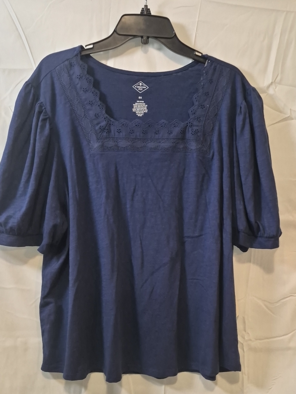 St. John's Bay Eyelet Square Neck Puff Sleeve Tee Navy Embroidered Neck Short
